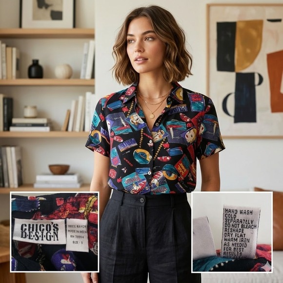 Chicos Design Button Down Shirt Vintage 90s Novelty Travel Electric Artsy Casual - Picture 7 of 7